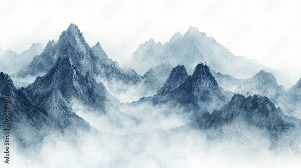 Artistic white background with a serene mountain scene, showcasing the gentle mist enveloping the majestic peaks for an ethereal atmosphere Artistic white background with a serene mountain scene, showcasing the gentle mist enveloping the majestic peaks for an ethereal atmosphere