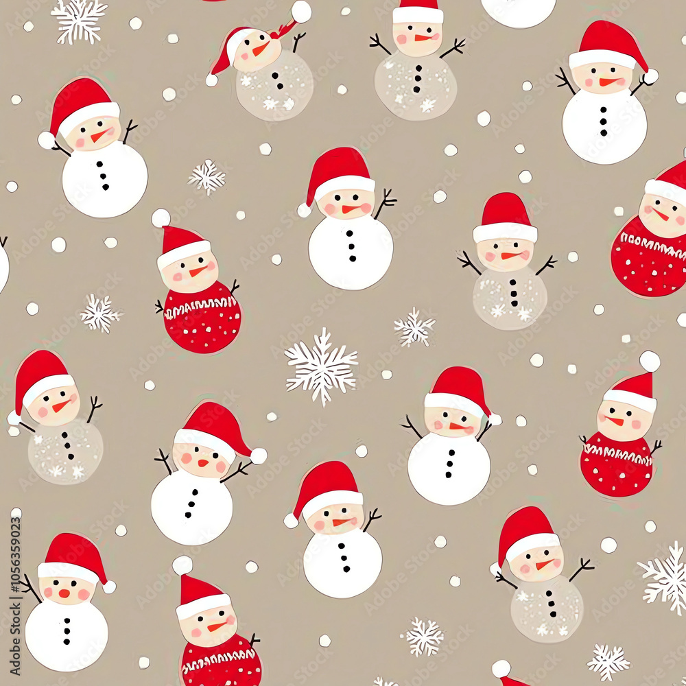 Christmas pattern with snowmen and Santa Claus, beige background, reds, dark browns, light gray Christmas pattern with snowmen and Santa Claus, beige background, reds, dark browns, light gray