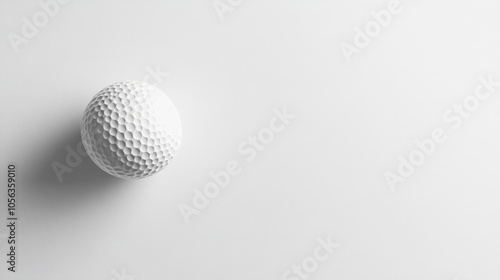 Artistic white background with a single white dimpled golf ball, capturing its clean design and textured surface