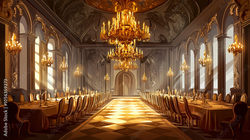 Obraz premium A grand feast takes place in a palatial hall adorned with ornate chandeliers and intricate carvings. Medieval Banquet Hall. Illustration