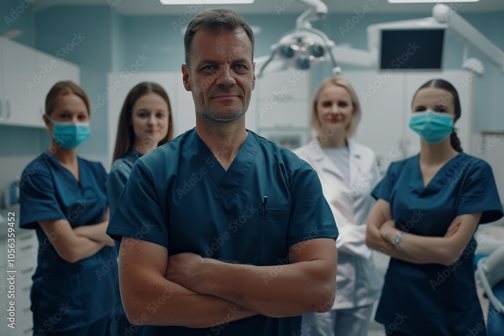Photography of a Germany group of dental clinic workers with the dentist in front. Photography of a Germany group of dental clinic workers with the dentist in front.
