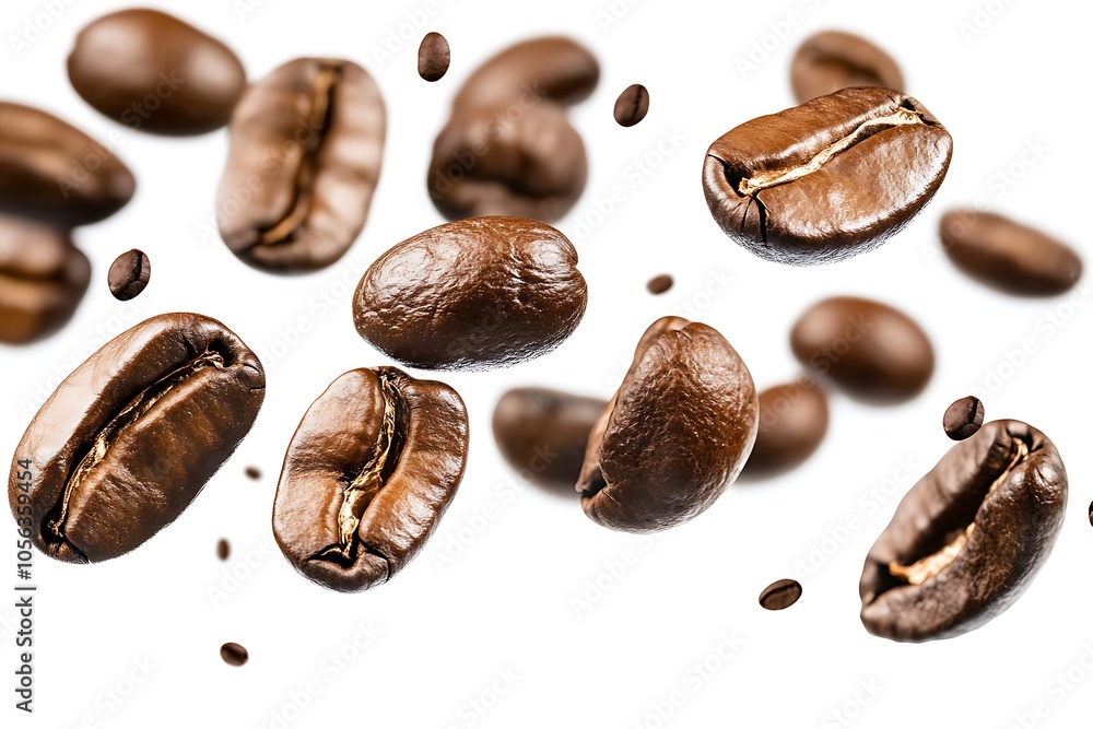 Fototapeta premium Roasted coffee beans are falling against a white background, creating a dynamic and aromatic scene