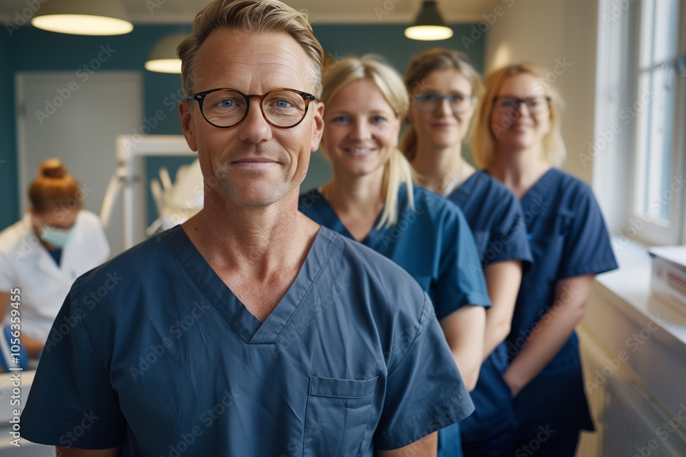 Photography of a Denmark group of dental clinic workers with the dentist in front. Photography of a Denmark group of dental clinic workers with the dentist in front.