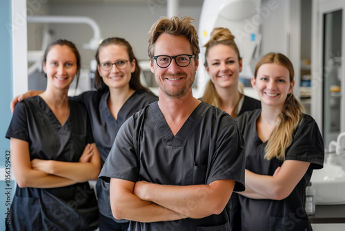 Photography of a Belgium group of dental clinic workers with the dentist in front.