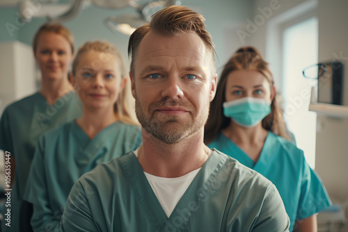 Photography of a Finland group of dental clinic workers with the dentist in front. photo