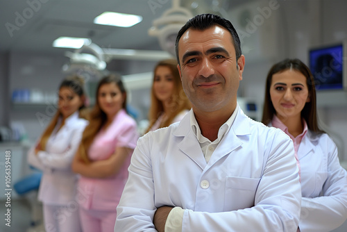 Photography of a group of Turkey dental clinic workers with the dentist in front.