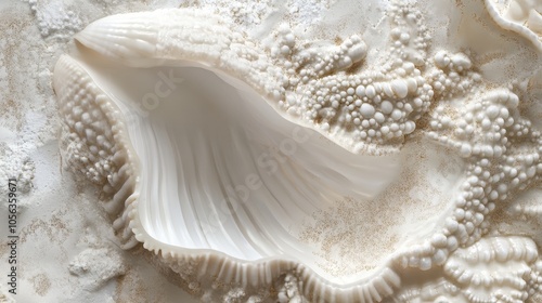 Artistic white surface displaying a close-up of a clam and sea shell, capturing the natural textures and beauty of these invertebrates