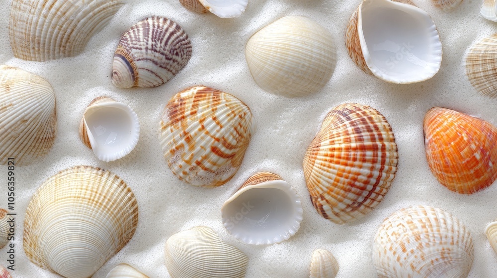 Artistic white surface displaying a collection of clams and beach seashells, emphasizing their unique patterns and natural beauty Artistic white surface displaying a collection of clams and beach seashells, emphasizing their unique patterns and natural beauty