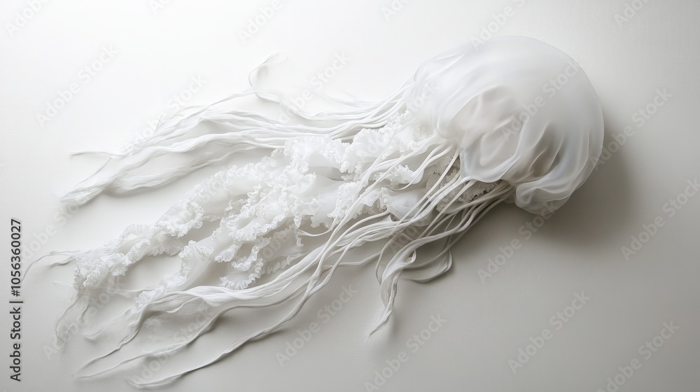 Obraz premium Artistic white surface displaying a detailed jellyfish, emphasizing its delicate invertebrate structure and ethereal presence