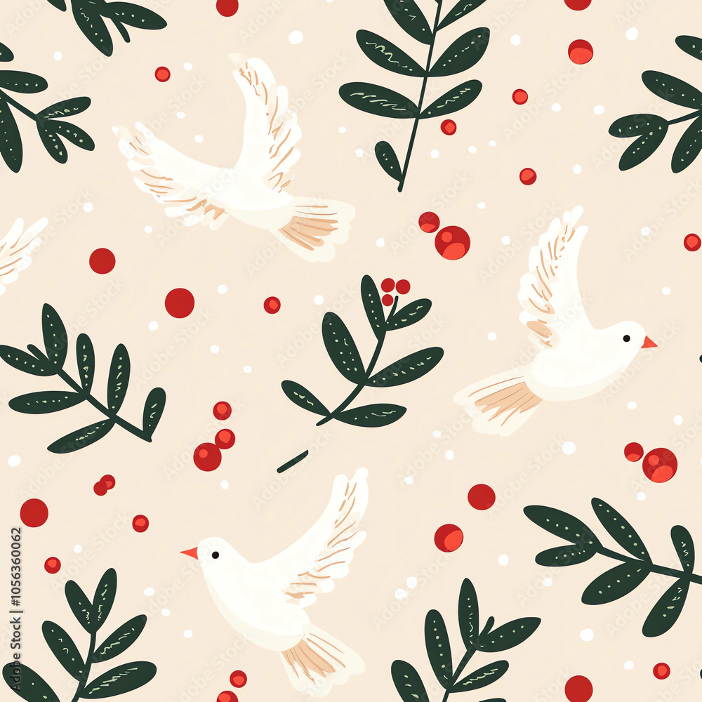 Dove pattern, Christmas greenery and red berries, simple flat illustration, muted colors, beige background, white dove icons. Dove pattern, Christmas greenery and red berries, simple flat illustration, muted colors, beige background, white dove icons.