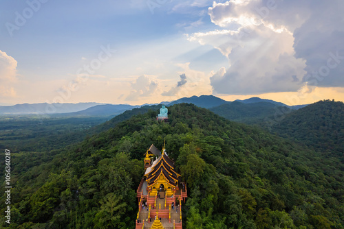 Beautiful aerial view at sunset of Wat Phra That Doi Phra chan in Lampang Province, Thailand. photo