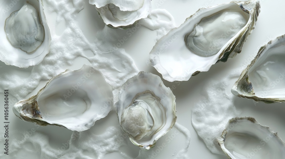 Artistic white surface displaying freshly opened oysters, highlighting their natural freshness and the unique features of these invertebrates Artistic white surface displaying freshly opened oysters, highlighting their natural freshness and the unique features of these invertebrates