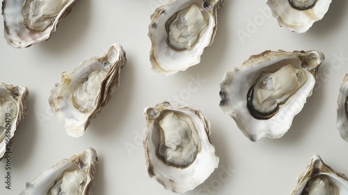 Artistic white surface displaying freshly opened oysters, highlighting their natural freshness and the unique features of these invertebrates