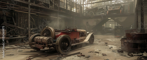 A steampunk race car in an industrial workshop, rusty and worn down with steam billowing from its engine, surrounded by other vintage cars.