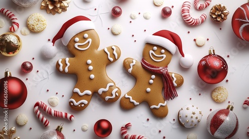 Artistic white surface featuring a cartoon gingerbread man and woman in holiday attire, surrounded by Christmas ornaments and treats