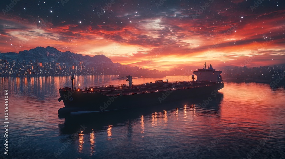 Obraz premium A Freighter Ship Sailing at Sunset