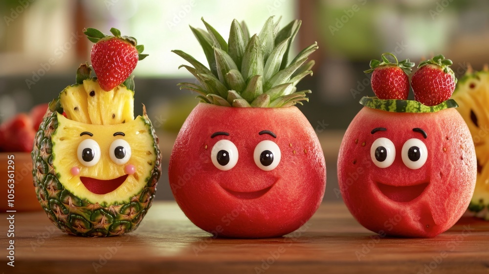 Colorful Cartoon Fruit Characters on Wooden Table Colorful Cartoon Fruit Characters on Wooden Table