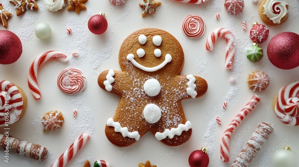 Artistic white surface featuring a whimsical gingerbread Christmas dessert with a joyful face, surrounded by festive sweets and decorations Artistic white surface featuring a whimsical gingerbread Christmas dessert with a joyful face, surrounded by festive sweets and decorations