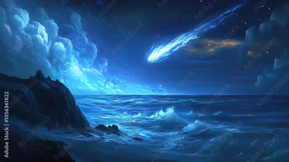 Fototapeta premium Night Sky with a Bright Meteor Falling Over the Ocean