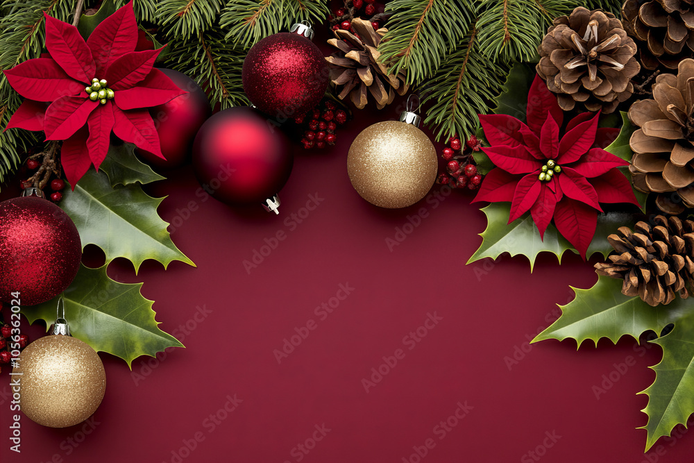 Elegant Red and Gold Christmas Background with Pine Cones, Poinsettias, Holly, Ornaments, and Festive Pine Branches Featuring Copy Space for Holiday Messages Elegant Red and Gold Christmas Background with Pine Cones, Poinsettias, Holly, Ornaments, and Festive Pine Branches Featuring Copy Space for Holiday Messages