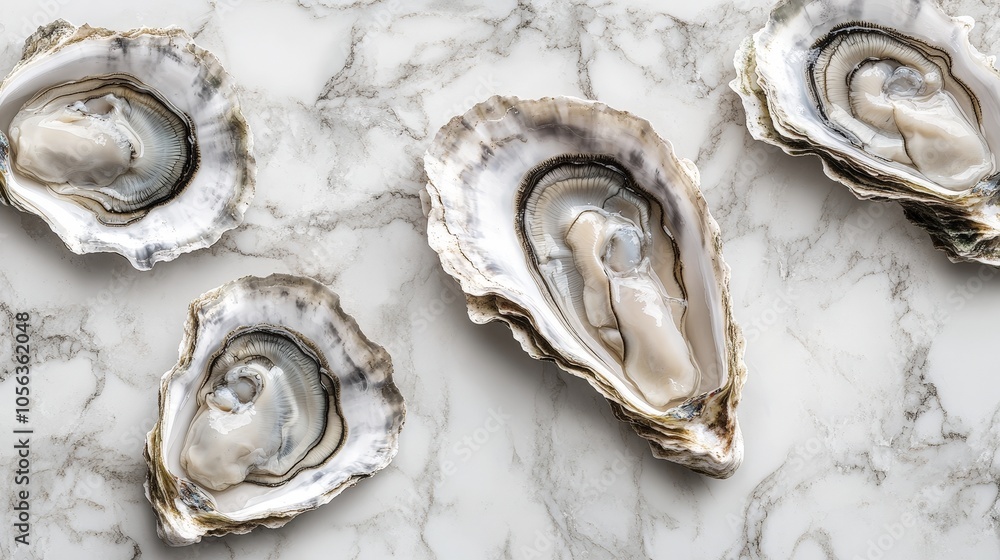 Artistic white surface highlighting freshly opened oysters, displaying their natural sheen and the intricate features of these seafood invertebrates Artistic white surface highlighting freshly opened oysters, displaying their natural sheen and the intricate features of these seafood invertebrates
