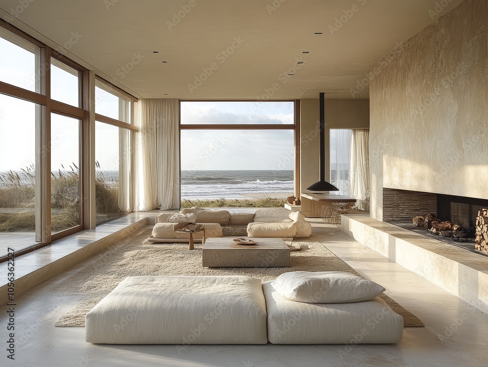 Modern Beach House Living Room with Ocean View and Fireplace Modern Beach House Living Room with Ocean View and Fireplace