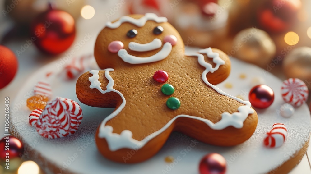 Artistic white surface showcasing a delightful cartoon gingerbread Christmas dessert with a joyful expression and festive candy accents Artistic white surface showcasing a delightful cartoon gingerbread Christmas dessert with a joyful expression and festive candy accents