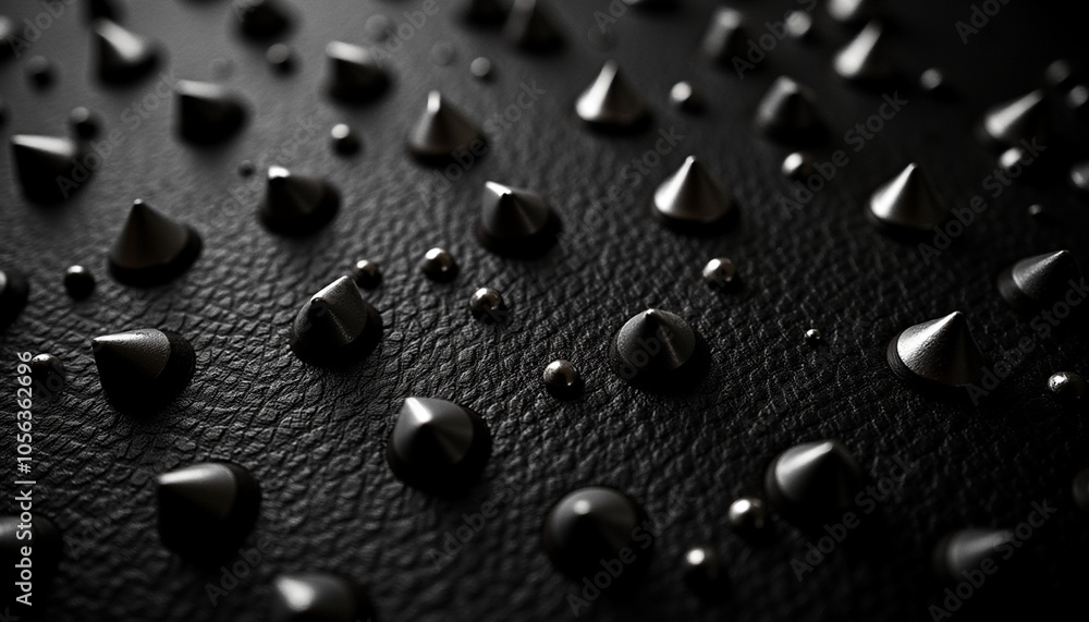 Studded leather texture background, close-up of black leather with metallic studs and spikes, edgy and bold. Studded leather texture background, close-up of black leather with metallic studs and spikes, edgy and bold.