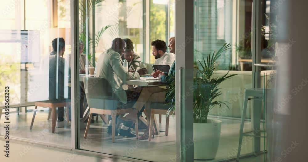 Business people, handshake and happy at meeting, startup and agreement with diversity, success or goal. Group, men and women with shaking hands, thanks or b2b deal in collaboration at creative agency