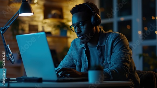 Man Working on Laptop at Night