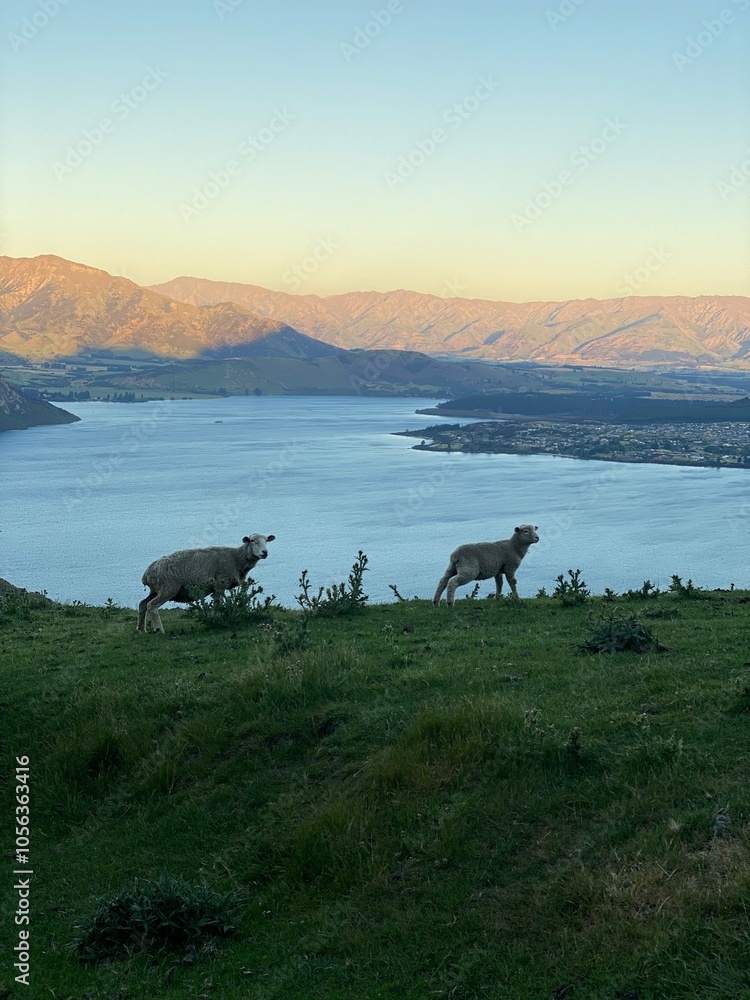 Obraz premium Sheep and lambs on the Mount Roy, Roys peak in Wanaka, South Island, New Zealand 