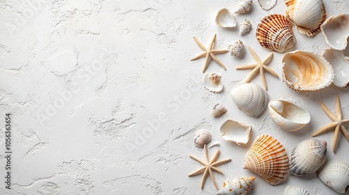 Artistic white surface showing a variety of beach seashells and a clam, emphasizing the unique patterns and textures of these seafood treasures photo