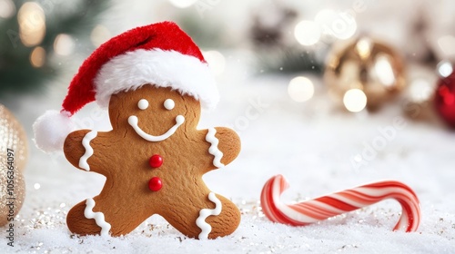 Artistic white surface with a gingerbread man cartoon wearing a Santa hat and holding a candy cane, celebrating the festive season