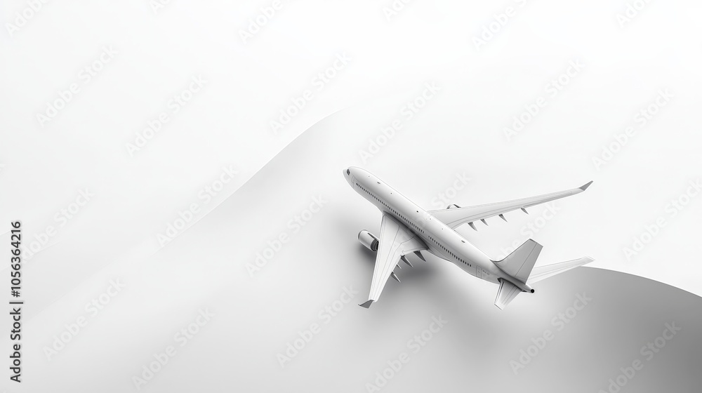 Artistic white surface with a modern jetliner making a smooth landing, capturing the advanced design and the precision of the aircraft's landing approach Artistic white surface with a modern jetliner making a smooth landing, capturing the advanced design and the precision of the aircraft's landing approach