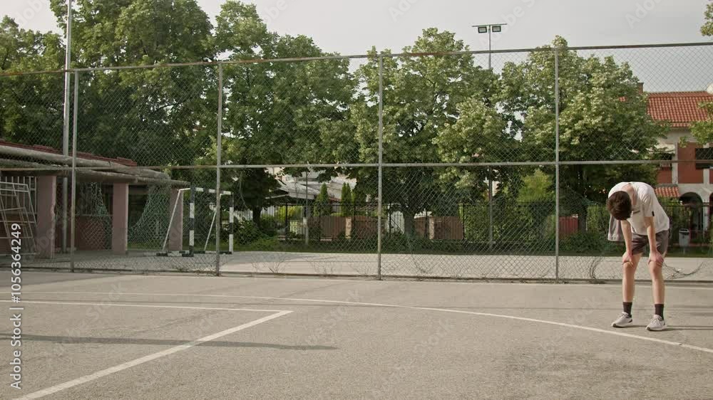 Three teenage high school friends playing basketball together on a sunny afternoon at an old outdoor court. Three teenage high school friends playing basketball together on a sunny afternoon at an old outdoor court.