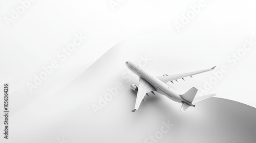 Artistic white surface with a modern jetliner making a smooth landing, capturing the advanced design and the precision of the aircraft's landing approach