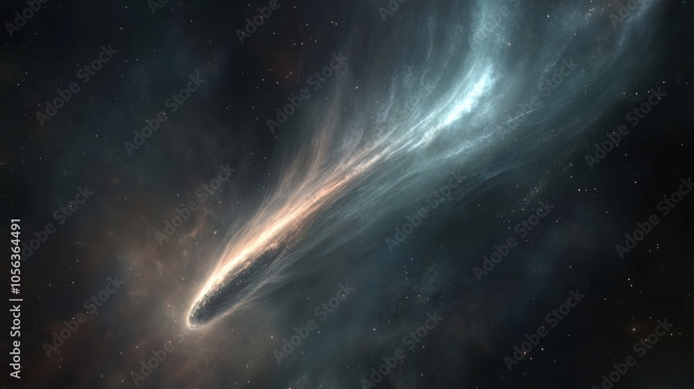 Fototapeta premium comet's brilliant tail illuminates deep space, surrounded by a swirl of distant stars generative ai