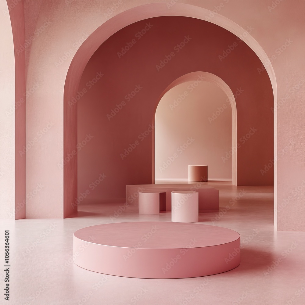 Minimalist, pastel-themed design with a soft pink color palette. The layout includes a circular platform in the foreground, which is slightly elevated and has a smooth, ,generative ai Minimalist, pastel-themed design with a soft pink color palette. The layout includes a circular platform in the foreground, which is slightly elevated and has a smooth, ,generative ai