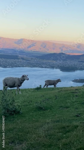 Sheeps and lambs walking on the Mount Roy, Roys peak in Wanaka, South Island, New Zealand  photo