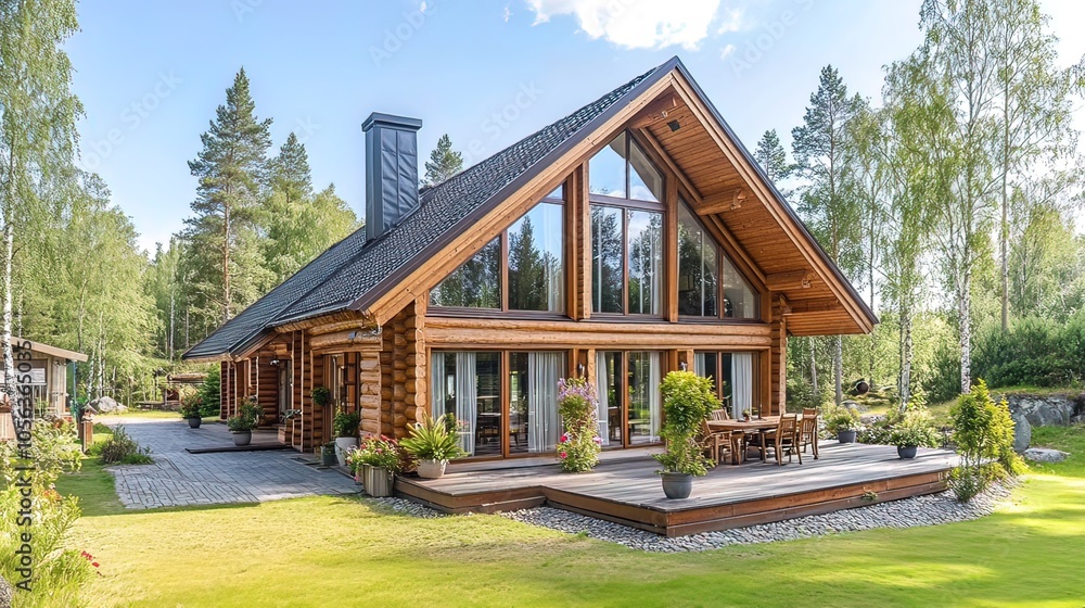 Wooden Cabin with Large Windows in a Lush Green Forest Wooden Cabin with Large Windows in a Lush Green Forest