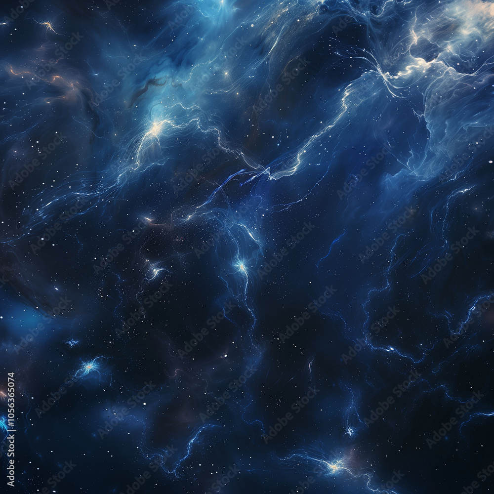 Cosmic scene with intricate blue nebulae and scattered stardust. Cosmic scene with intricate blue nebulae and scattered stardust.
