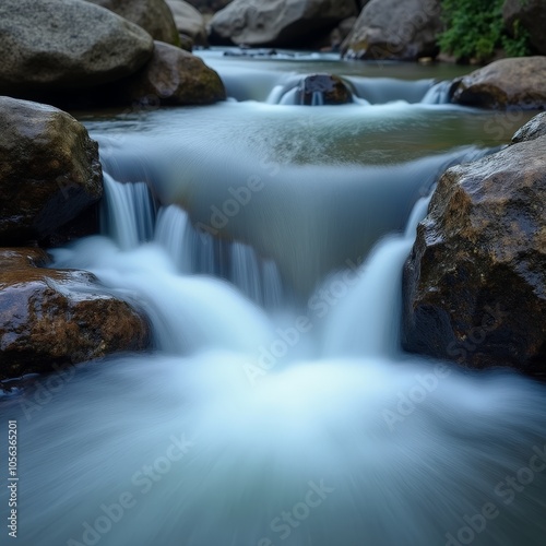 Serene Waterfall and River Scene Captured with Long Exposure Effect
