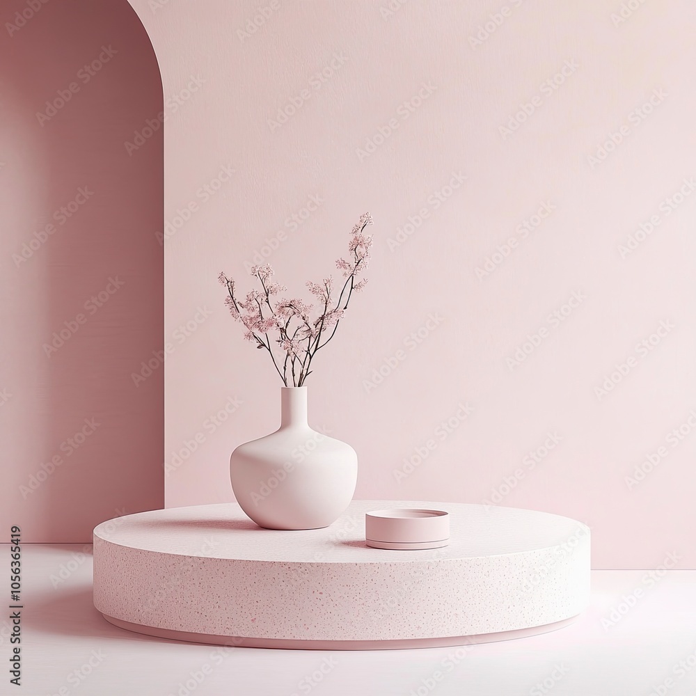 Minimalist, pastel-themed design with a soft pink color palette. The layout includes a circular platform in the foreground, which is slightly elevated and has a smooth, ,generative ai Minimalist, pastel-themed design with a soft pink color palette. The layout includes a circular platform in the foreground, which is slightly elevated and has a smooth, ,generative ai