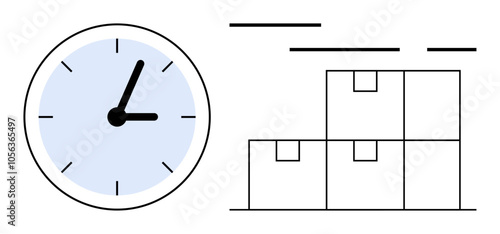Clock showing efficient time management alongside stacked boxes representing organized inventory. Ideal for logistics, warehouse management, supply chain optimization, time management workflows