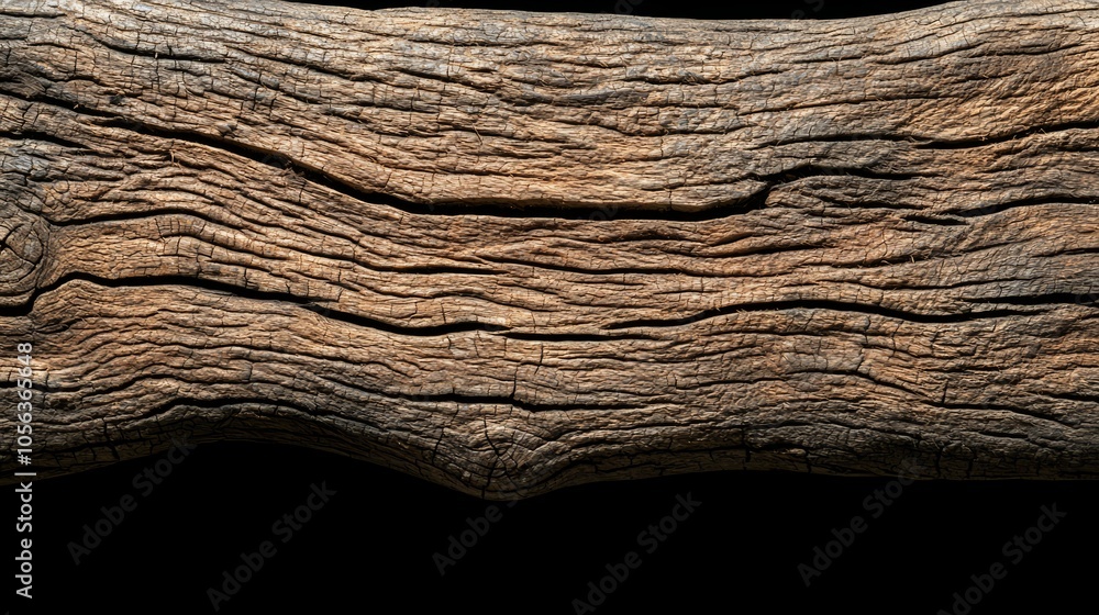Close-up of a weathered, rough-hewn wooden log with a natural, rustic texture, isolated on a black background. Close-up of a weathered, rough-hewn wooden log with a natural, rustic texture, isolated on a black background.
