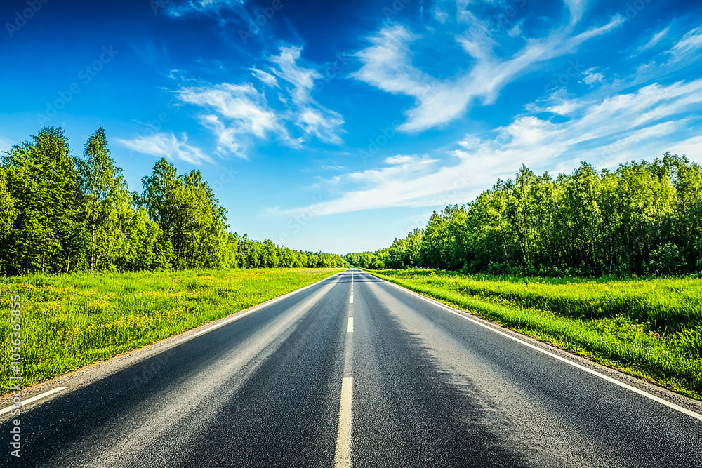 Scenic Country Road Through Lush Green Forest Under Clear Blue Sky - Tranquil Nature Landscape Scenic Country Road Through Lush Green Forest Under Clear Blue Sky - Tranquil Nature Landscape