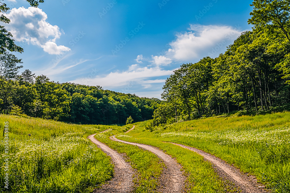 Naklejka premium Scenic Country Road Through Lush Green Forest Under Clear Blue Sky - Tranquil Nature Landscape