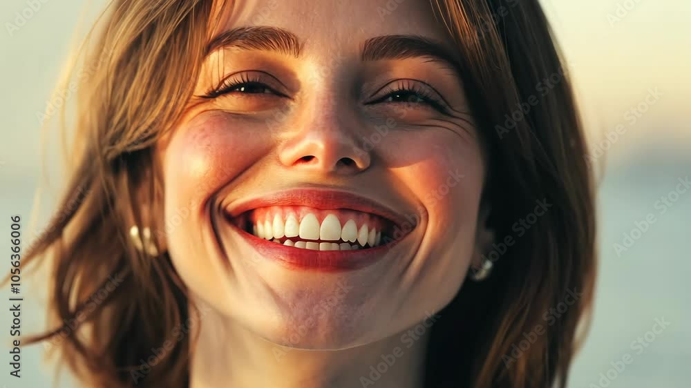 A woman with brown hair smiles brightly as she looks toward the sunset A woman with brown hair smiles brightly as she looks toward the sunset