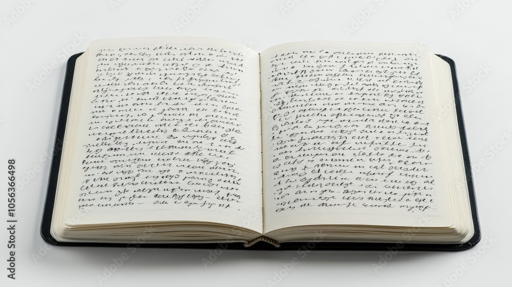 Clean white backdrop displaying a diary page filled with text, focusing on the elegant design and readability of the writing Clean white backdrop displaying a diary page filled with text, focusing on the elegant design and readability of the writing