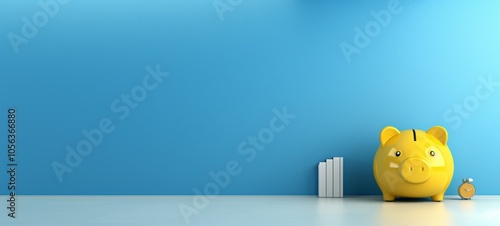 Yellow Piggy Bank Representing Saving Investment and Financial Growth on a Blue Background with Relevant Financial Icons and Symbols